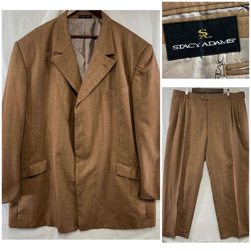 Stacy Adams Suit Mens 52L 42x33 Tan Brown 4 Button Long Blazer Pleated Pants